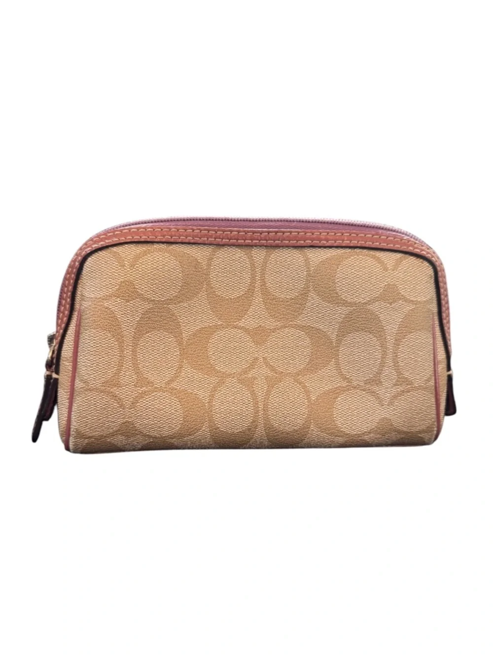 Coach Tan Signature C’s Canvas Cosmetic Makeup Case with Purple Trim